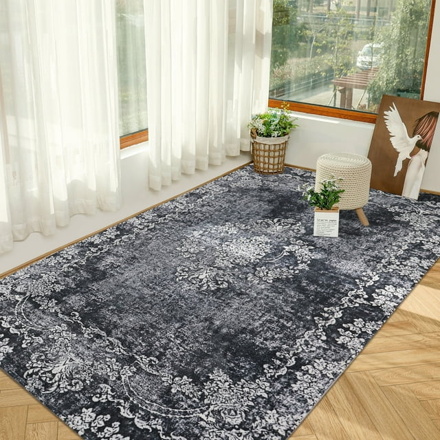 5x7 Area Rug for Living Room - Neutral Gray Floral Vintage Design - Pet Friendly - Boho Washable Rug for Bedroom, Dining Room