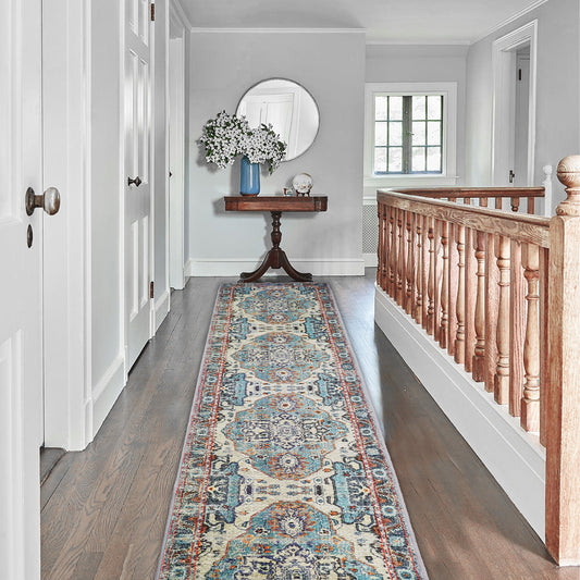 Boho Runner Rug 10ft - Non-Slip, Washable Beige Kitchen Rugs - Ideal for Hallway, Entryway, Living Room